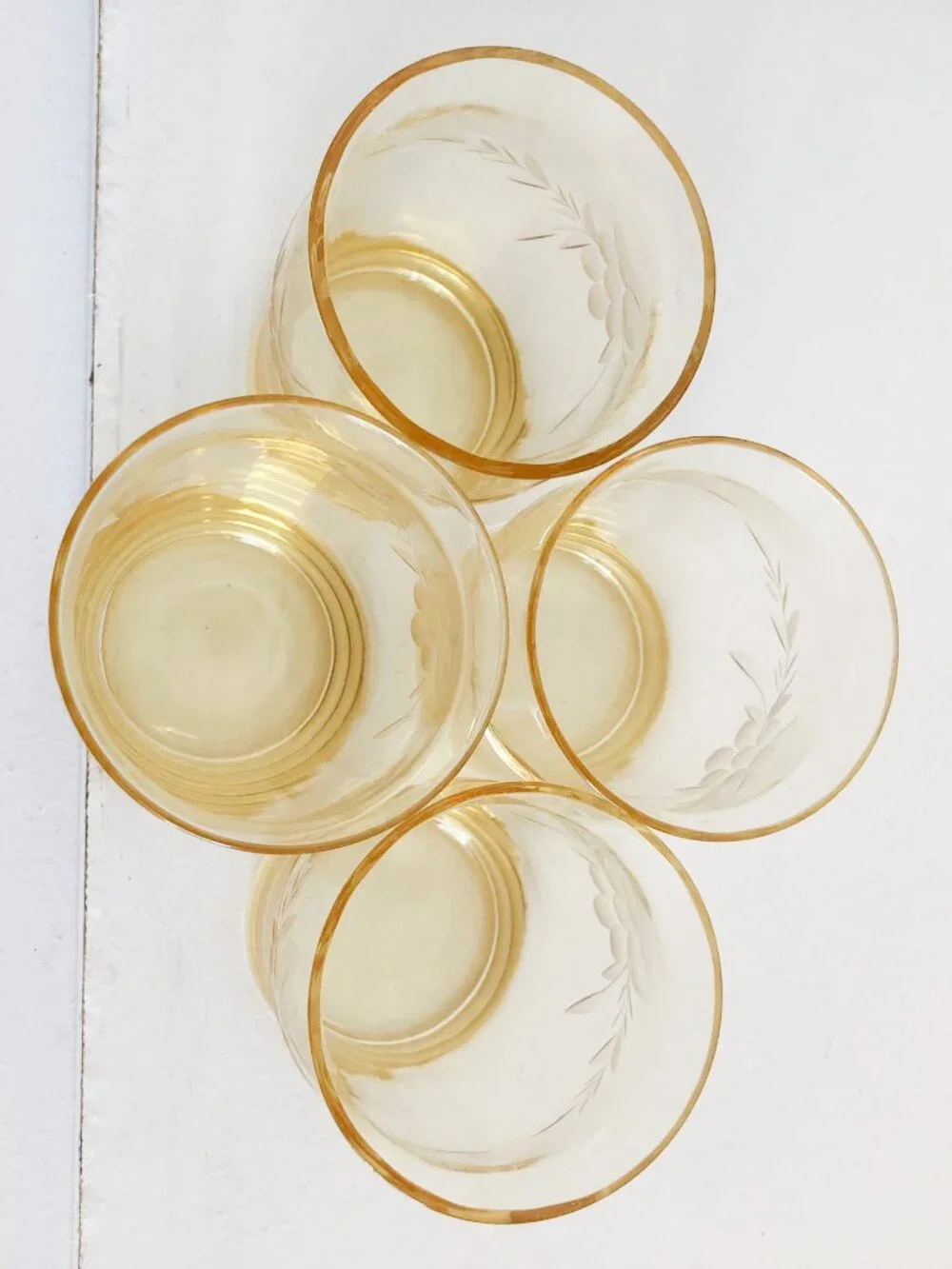 Antique Macbeth Evens Yellow Grapevine Etched Juice Glasses Set of 4